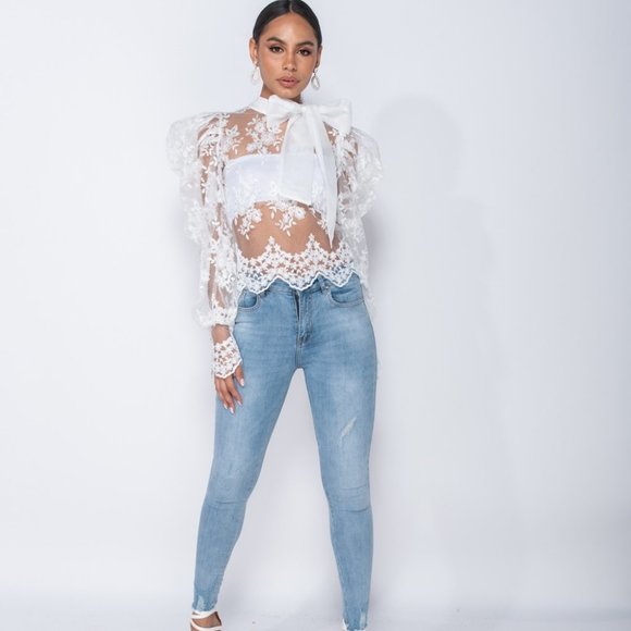 White Lace Long Puff Sleeve Pussy Bow Tie Blouse - Picture 4 of 9